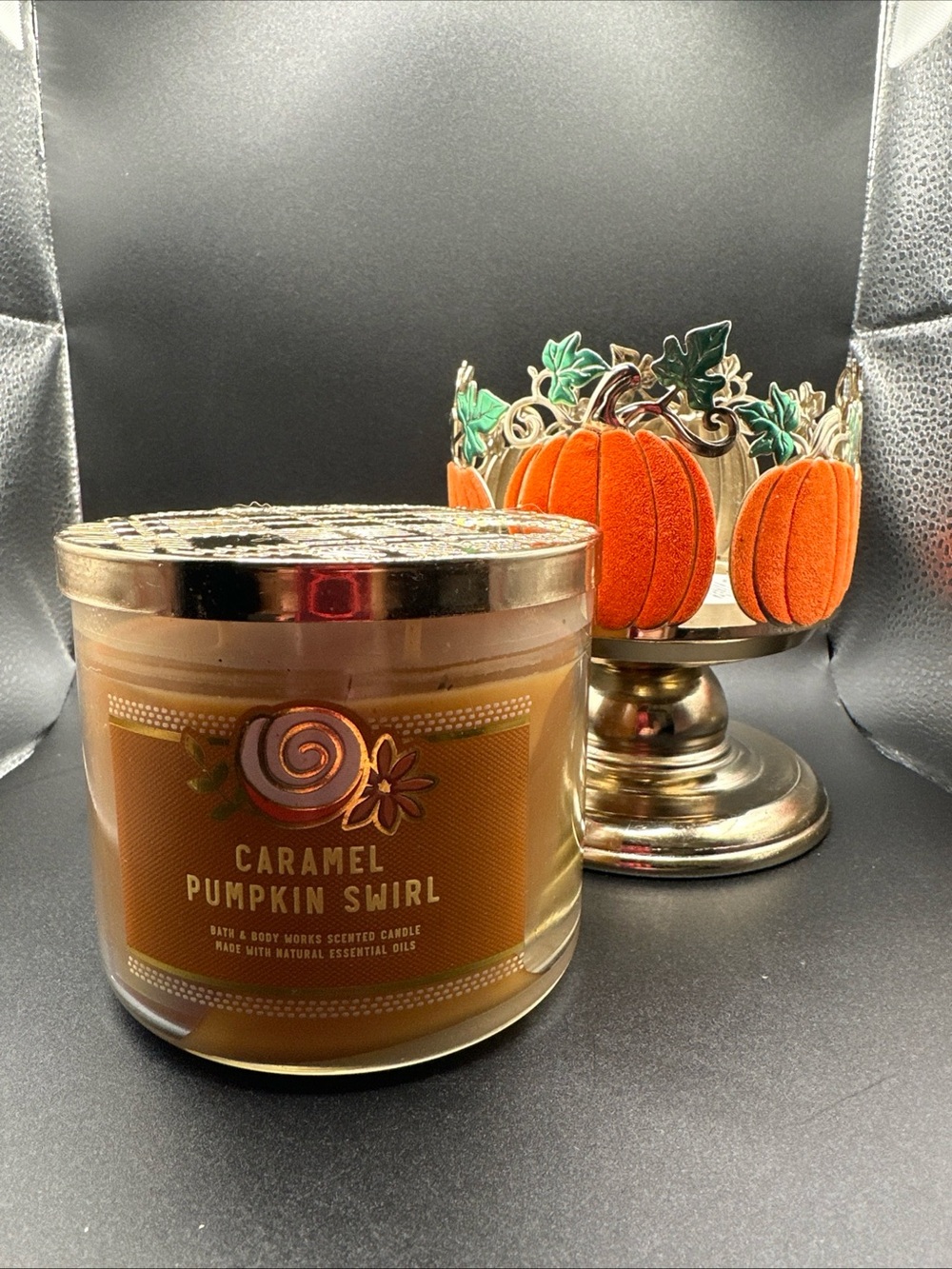 Bath & Body Works Caramel Pumpkin Swirl 3-Wick Candle & Pumpkin Holder Set - Picture 1 of 6